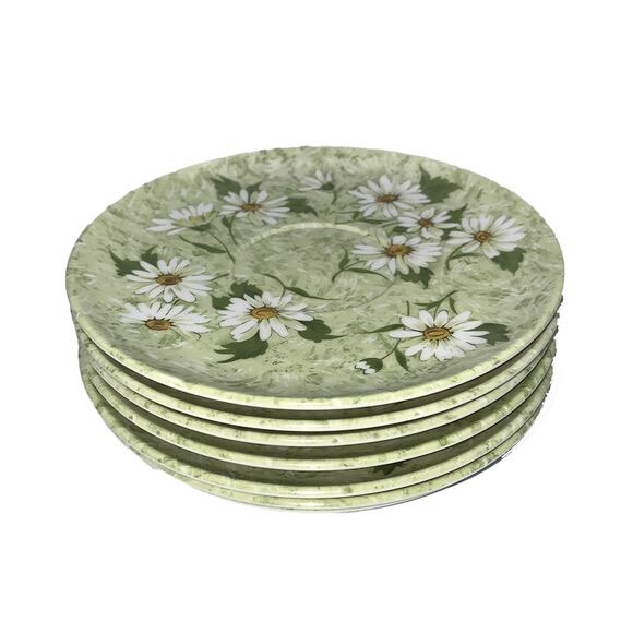Vintage DEL MAR MELMAC 7-Piece 6" Saucer Set Plate #604 Avocado Green & Daisies - Picture 1 of 6